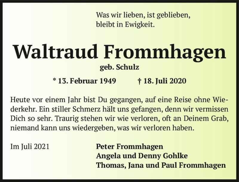  Traueranzeige für Waltraud Frommhagen (geb. Schulz)  vom 17.07.2021 aus Magdeburger Volksstimme