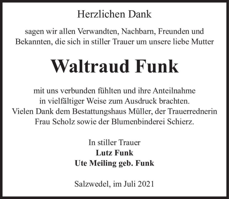  Traueranzeige für Waltraud Funk  vom 07.07.2021 aus Magdeburger Volksstimme