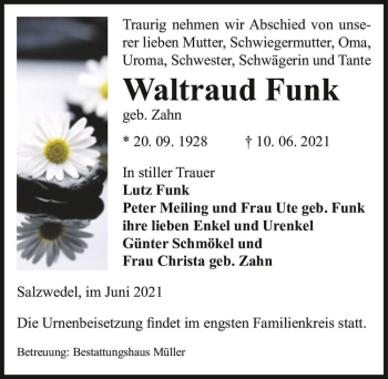 Traueranzeige von Waltraud Funk (geb. Zahn)  von Magdeburger Volksstimme