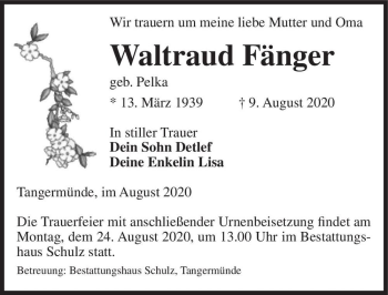 Traueranzeige von Waltraud Fänger (geb. Pelka)  von Magdeburger Volksstimme