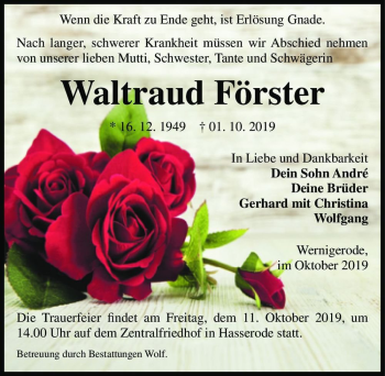 Traueranzeige von Waltraud Förster  von Magdeburger Volksstimme
