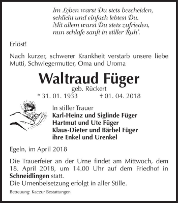Traueranzeige von Waltraud Füger (geb. Rückert)  von Magdeburger Volksstimme