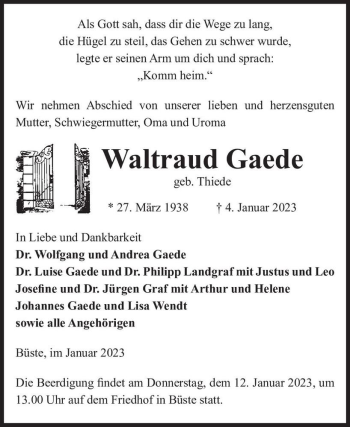 Traueranzeige von Waltraud Gaede (geb. Thiede)  von Magdeburger Volksstimme