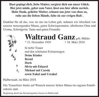 Traueranzeige von Waltraud Ganz (geb. Müller)  von Magdeburger Volksstimme
