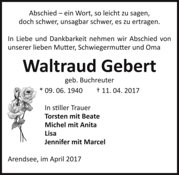 Traueranzeige von Waltraud Gebert (geb. Buchreuter)  von Magdeburger Volksstimme
