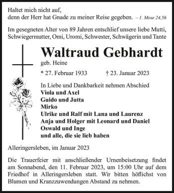 Traueranzeige von Waltraud Gebhardt (geb. Heine)  von Magdeburger Volksstimme