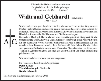 Traueranzeige von Waltraud Gebhardt (geb. Heine)  von Magdeburger Volksstimme
