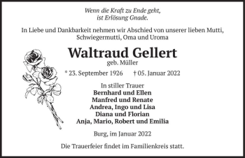 Traueranzeige von Waltraud Gellert (geb. Müller)  von Magdeburger Volksstimme