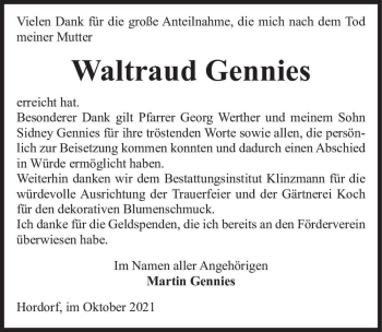 Traueranzeige von Waltraud Gennies  von Magdeburger Volksstimme