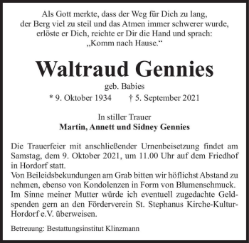 Traueranzeige von Waltraud Gennies (geb. Babies)  von Magdeburger Volksstimme