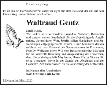 Traueranzeige von Waltraud Gentz  von Magdeburger Volksstimme