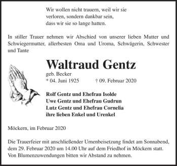 Traueranzeige von Waltraud Gentz (geb. Becker)  von Magdeburger Volksstimme