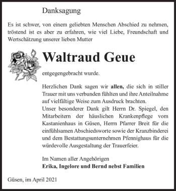 Traueranzeige von Waltraud Geue  von Magdeburger Volksstimme