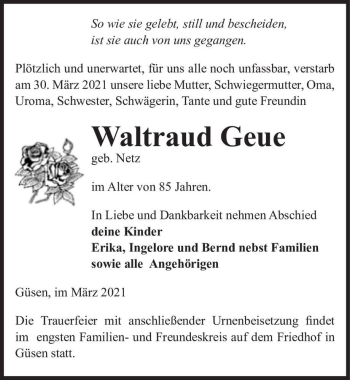 Traueranzeige von Waltraud Geue (geb. Netz)  von Magdeburger Volksstimme