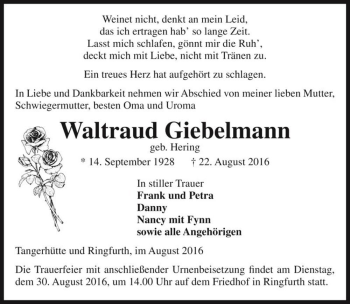 Traueranzeige von Waltraud Giebelmann (geb. Hering)  von Magdeburger Volksstimme