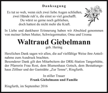Traueranzeige von Waltraud Giebelmann (geb. Hering)  von Magdeburger Volksstimme