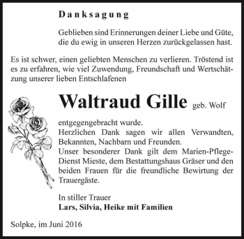 Traueranzeige von Waltraud Gille (geb. Wolf)  von Magdeburger Volksstimme