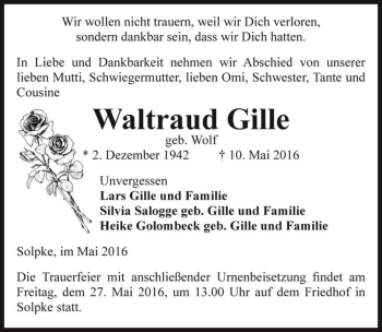 Traueranzeige von Waltraud Gille (geb. Wolf)  von Magdeburger Volksstimme