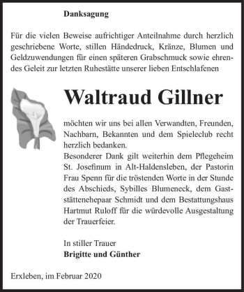 Traueranzeige von Waltraud Gillner  von Magdeburger Volksstimme