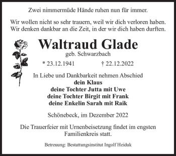 Traueranzeige von Waltraud Glade (geb. Schwarzbach)  von Magdeburger Volksstimme