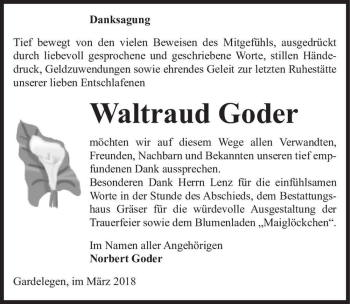 Traueranzeige von Waltraud Goder  von Magdeburger Volksstimme