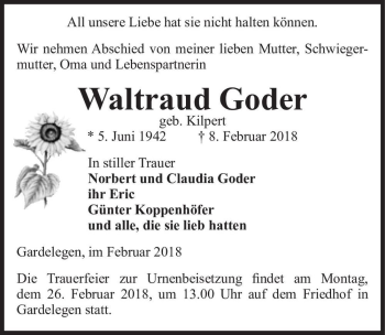 Traueranzeige von Waltraud Goder (geb. Kilpert)  von Magdeburger Volksstimme