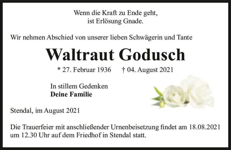  Traueranzeige für Waltraud Godusch  vom 07.08.2021 aus Magdeburger Volksstimme