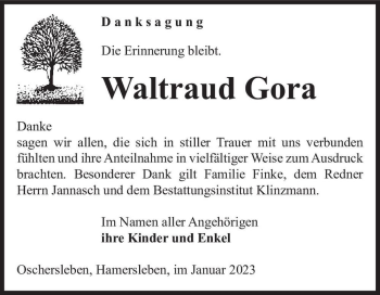 Traueranzeige von Waltraud Gora  von Magdeburger Volksstimme