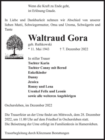 Traueranzeige von Waltraud Gora (geb. Ruthkowski)  von Magdeburger Volksstimme