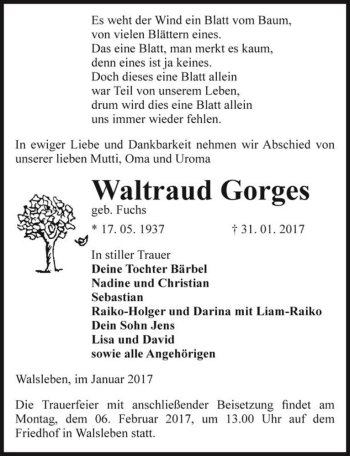 Traueranzeige von Waltraud Gorges (geb. Fuchs)  von Magdeburger Volksstimme
