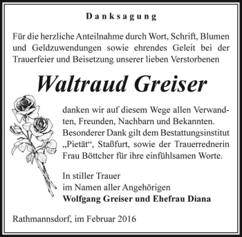 Traueranzeige von Waltraud Greiser  von Magdeburger Volksstimme
