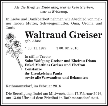 Traueranzeige von Waltraud Greiser (geb. Ahne)  von Magdeburger Volksstimme