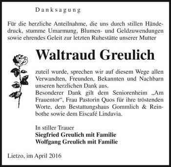 Traueranzeige von Waltraud Greulich  von Magdeburger Volksstimme