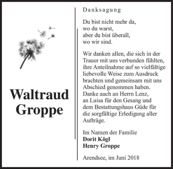 Traueranzeige von Waltraud Groppe  von Magdeburger Volksstimme