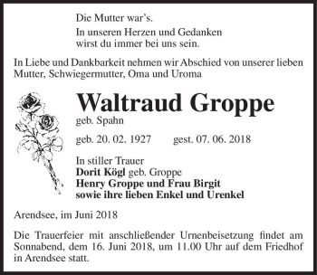 Traueranzeige von Waltraud Groppe (geb. Spahn)  von Magdeburger Volksstimme