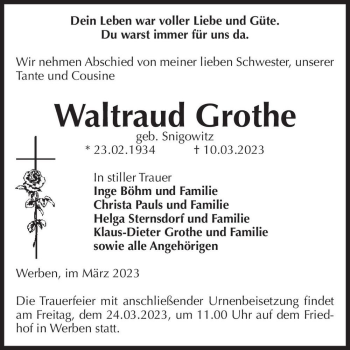 Traueranzeige von Waltraud Grothe (geb. Snigowitz)  von Magdeburger Volksstimme