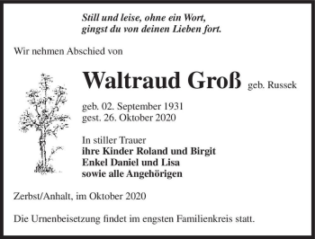 Traueranzeige von Waltraud Groß (geb. Russek)  von Magdeburger Volksstimme