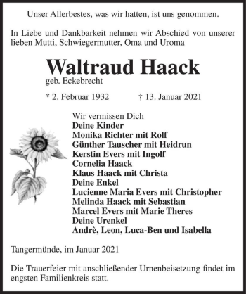 Traueranzeige von Waltraud Haack (geb. Eckebrecht)  von Magdeburger Volksstimme