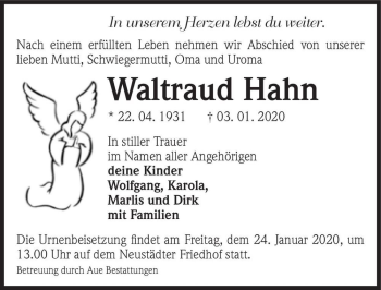 Traueranzeige von Waltraud Hahn  von Magdeburger Volksstimme
