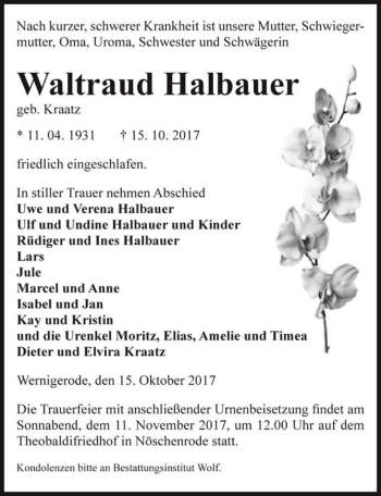 Traueranzeige von Waltraud Halbauer (geb. Kraatz)  von Magdeburger Volksstimme
