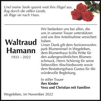 Traueranzeige von Waltraud Hamann  von Magdeburger Volksstimme