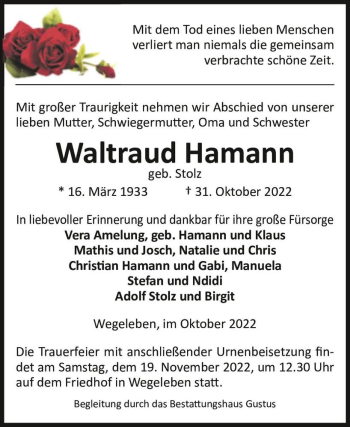 Traueranzeige von Waltraud Hamann (geb. Stolz)  von Magdeburger Volksstimme