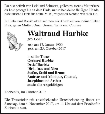 Traueranzeige von Waltraud Harbke (geb. Golla)  von Magdeburger Volksstimme