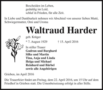 Traueranzeige von Waltraud Harder (geb. Krüger)  von Magdeburger Volksstimme