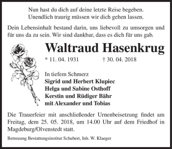 Traueranzeige von Waltraud Hasenkrug  von Magdeburger Volksstimme