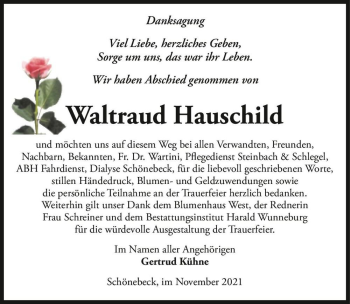 Traueranzeige von Waltraud Hauschild  von Magdeburger Volksstimme