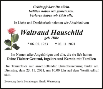 Traueranzeige von Waltraud Hauschild (geb. Hille)  von Magdeburger Volksstimme