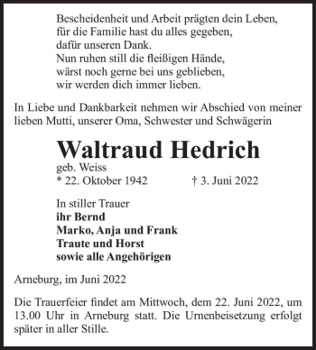 Traueranzeige von Waltraud Hedrich (geb. Weiss)  von Magdeburger Volksstimme