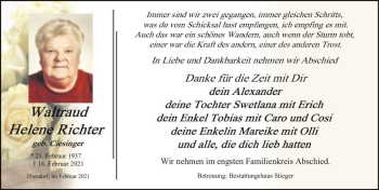 Traueranzeige von Waltraud Helene Richter (geb. Ciesinger)  von Magdeburger Volksstimme