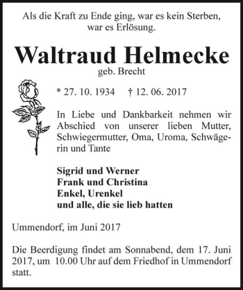 Traueranzeige von Waltraud Helmecke (geb. Brecht)  von Magdeburger Volksstimme